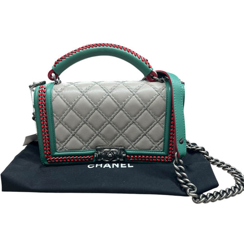 CHANEL Boy Bag Old Medium Tricolor Quilted Lambskin Grey Turquoise Silver Hardware CH2138