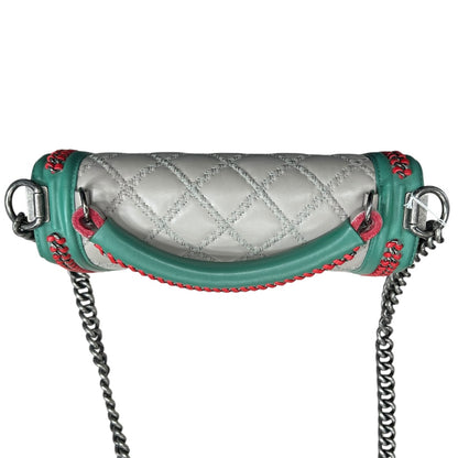 CHANEL Boy Bag Old Medium Tricolor Quilted Lambskin Grey Turquoise Silver Hardware CH2138