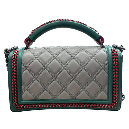 CHANEL Boy Bag Old Medium Tricolor Quilted Lambskin Grey Turquoise Silver Hardware CH2138