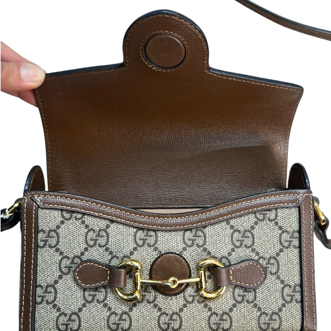 GUCCI GG Supreme Horsebit 1955 Mini Crossbody Beige Gold Hardware Gu579