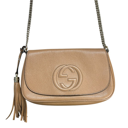 GUCCI Pebbled Leather Soho Chain Shoulder Bag Beige Gold Hardware Gu583