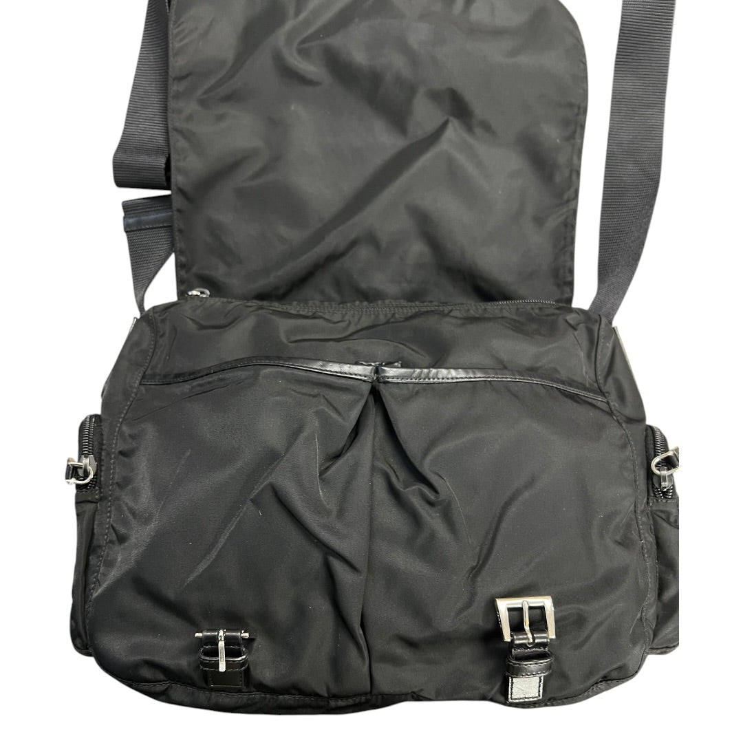 PRADA Tessuto Nylon Messenger Crossbody Bag Black Silver Hardware PR190