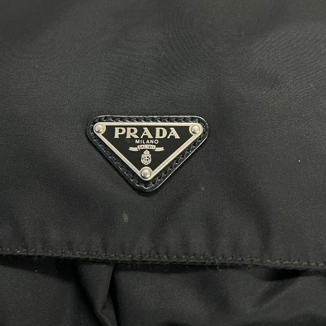 PRADA Tessuto Nylon Messenger Crossbody Bag Black Silver Hardware PR190