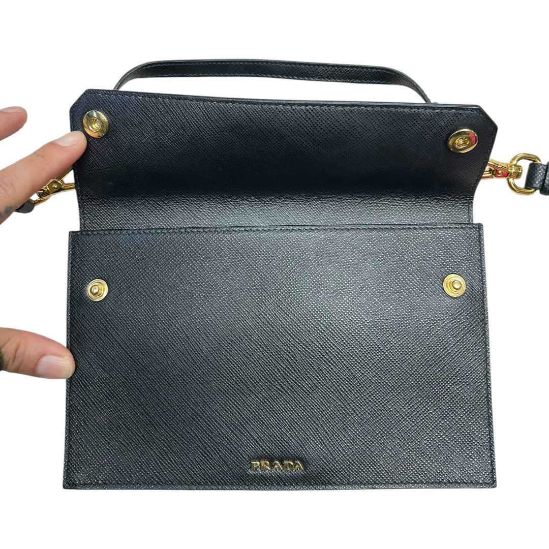 PRADA Saffiano Leather Flat Crossbody Shoulder Bag Black Gold Hardware PR191