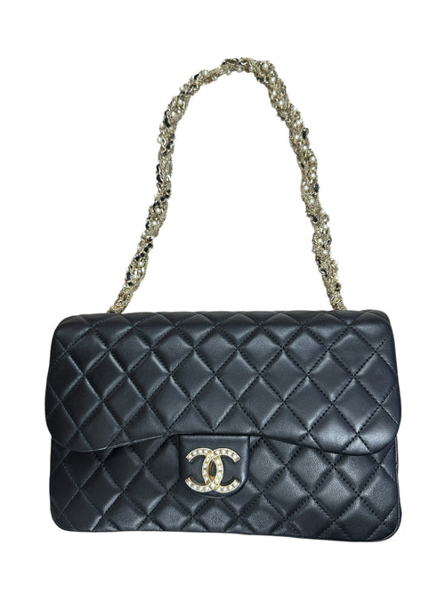 CHANEL Lambskin Classic Flap Pearl Chain Shoulder Bag Black Gold Hardware CH2141