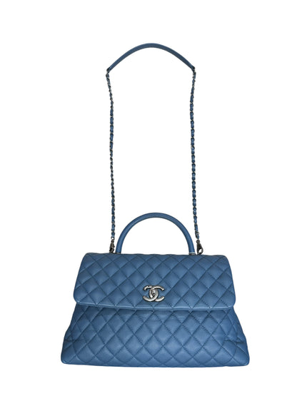 CHANEL Caviar Coco Handle Top Handle Bag Blue Silver Hardware CH2142