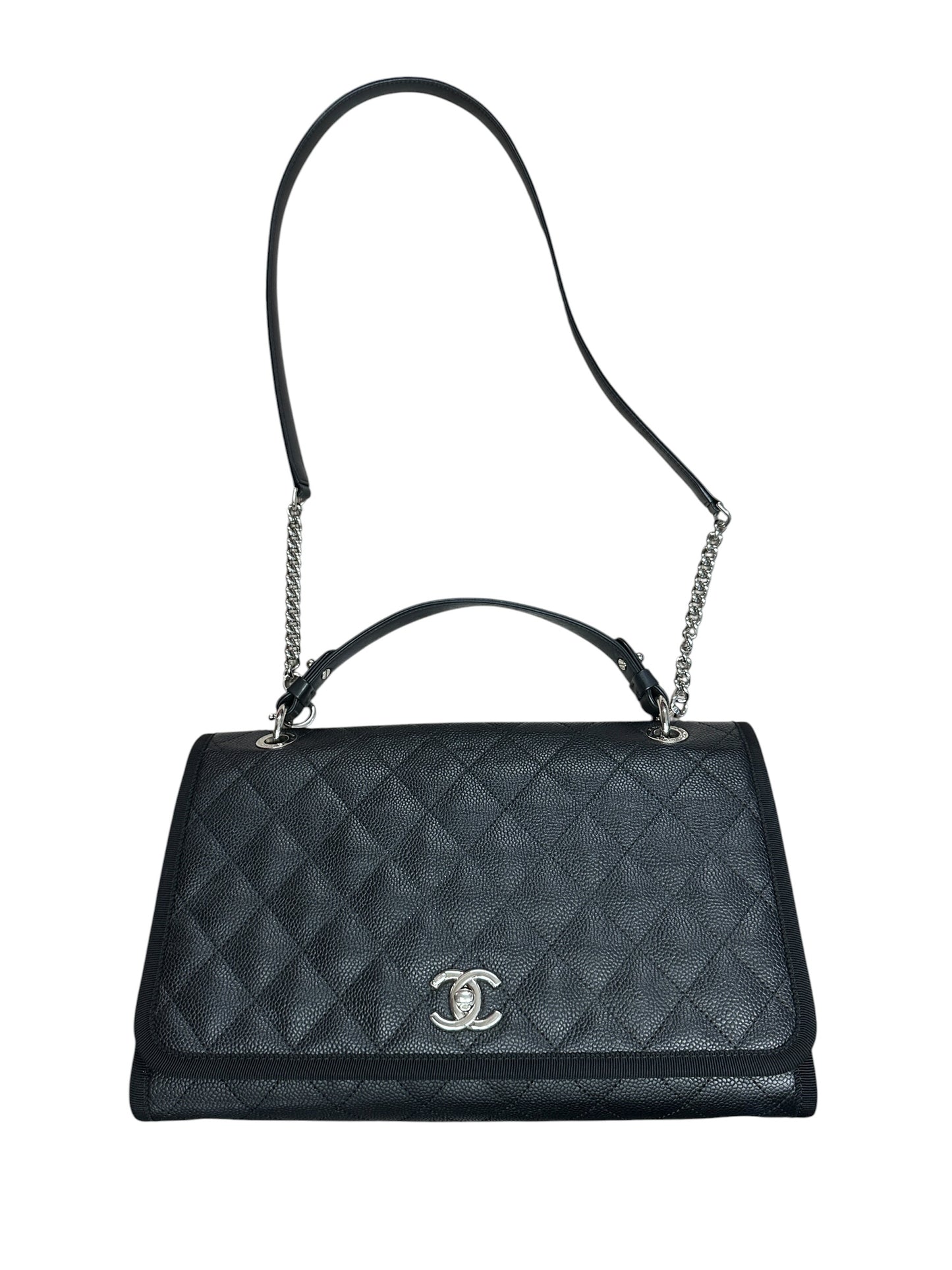 CHANEL Caviar Quilted Top Handle Flap Bag Black Silver Hardware CH2143