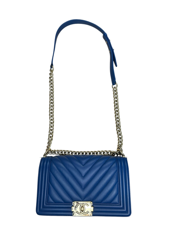 CHANEL Lambskin Boy Bag Old Medium Chevron Flap Blue Gold Hardware CH2144