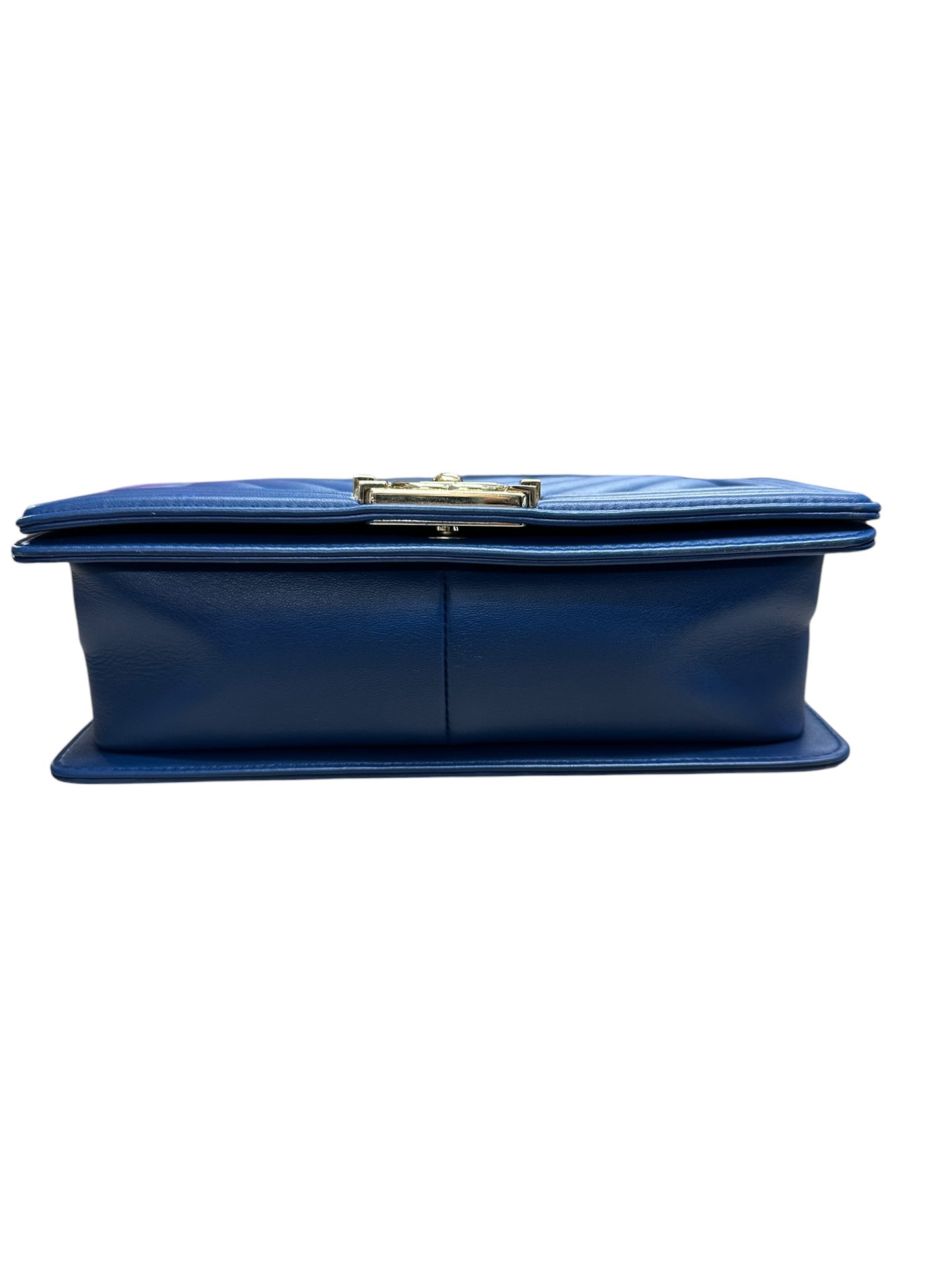 CHANEL Lambskin Boy Bag Old Medium Chevron Flap Blue Gold Hardware CH2144