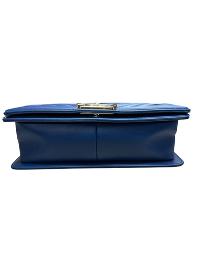 CHANEL Lambskin Boy Bag Old Medium Chevron Flap Blue Gold Hardware CH2144