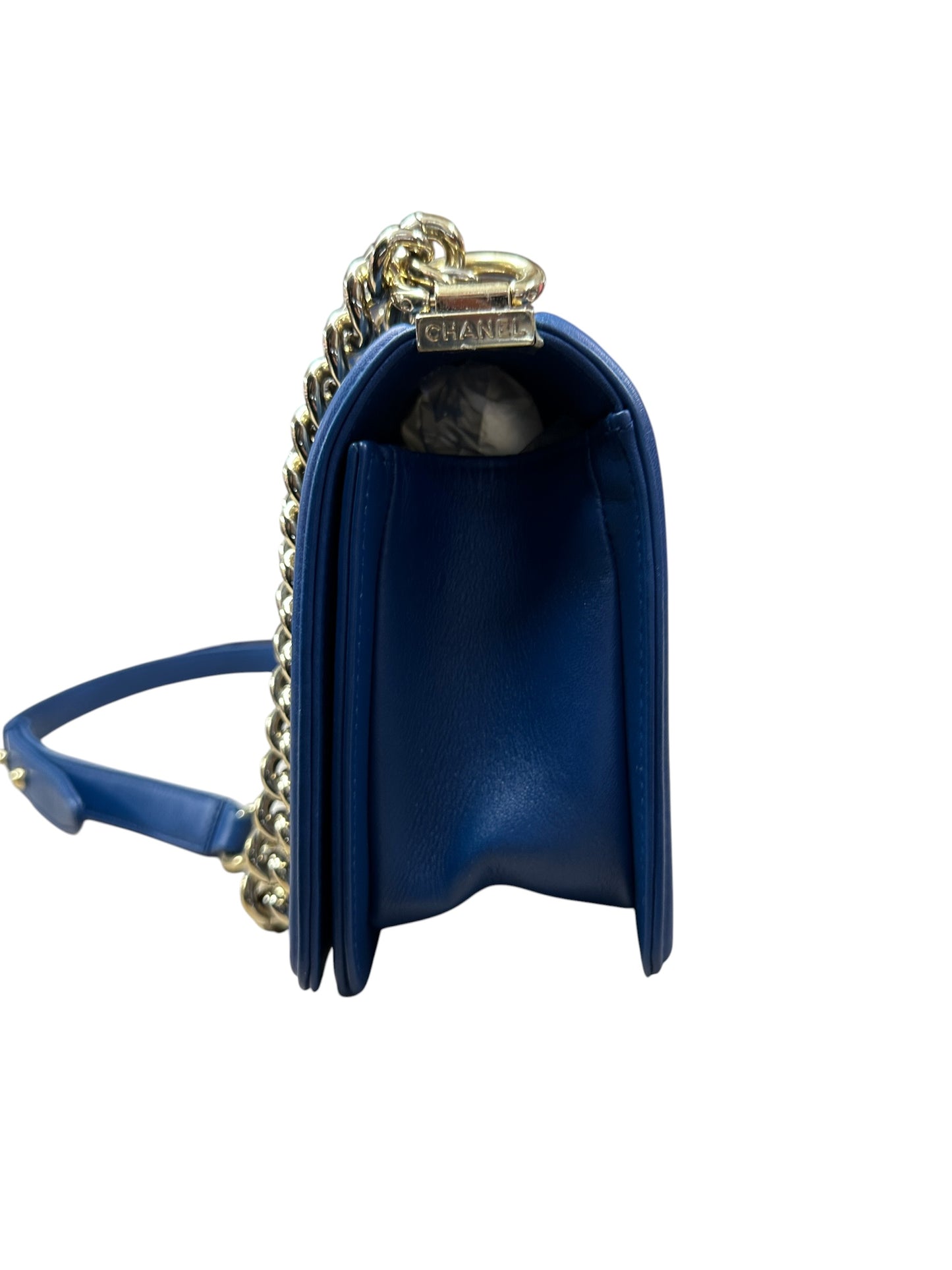 CHANEL Lambskin Boy Bag Old Medium Chevron Flap Blue Gold Hardware CH2144