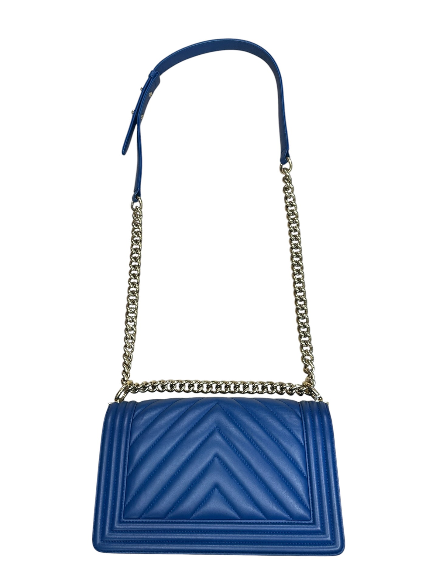CHANEL Lambskin Boy Bag Old Medium Chevron Flap Blue Gold Hardware CH2144