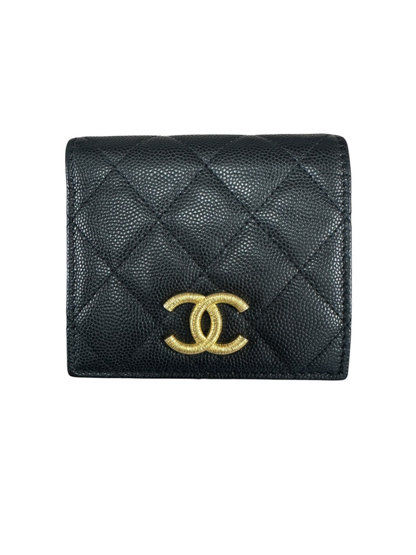 CHANEL Caviar Quilted Compact Bifold Wallet Black Gold Hardware CH2147