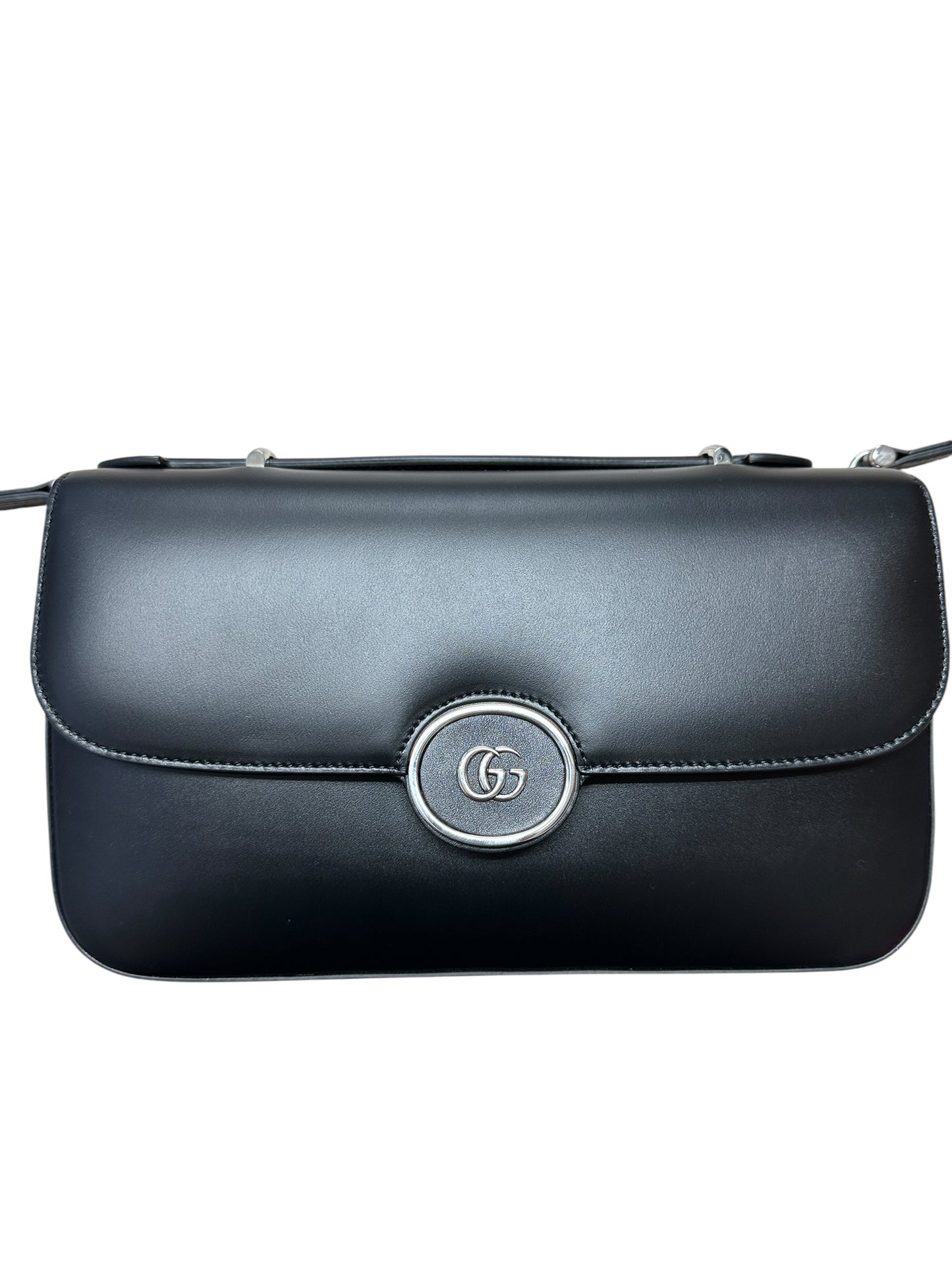 GUCCI Smooth Leather Petite GG Shoulder Bag Black Silver Hardware GU592