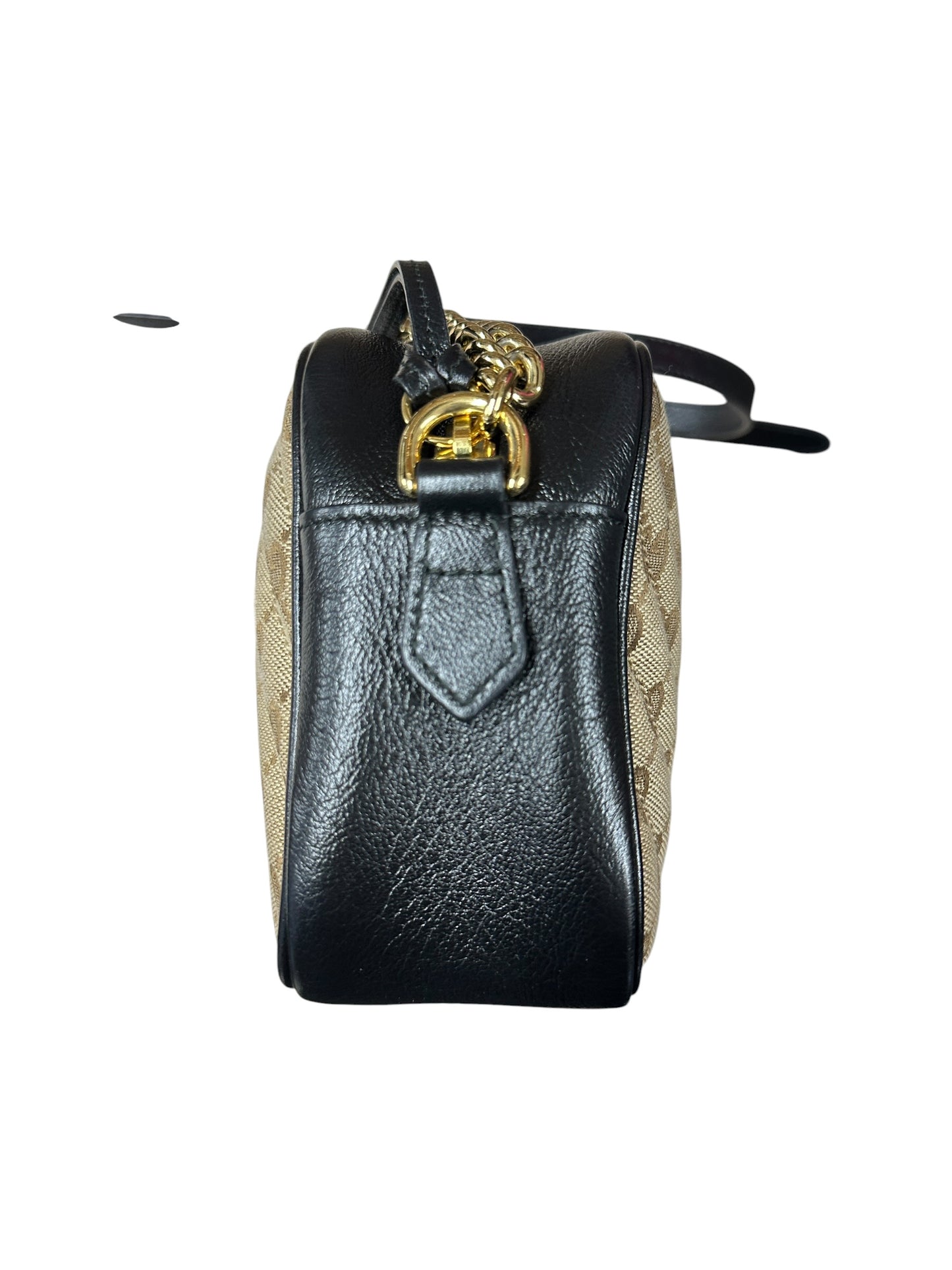 GUCCI GG Canvas Chain Shoulder Bag Beige Black Gold Hardware GU593