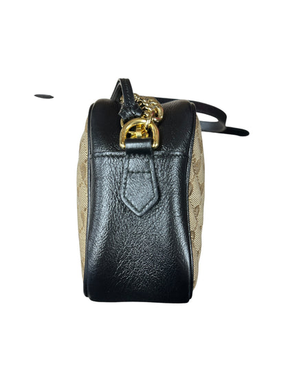 GUCCI GG Canvas Chain Shoulder Bag Beige Black Gold Hardware GU593