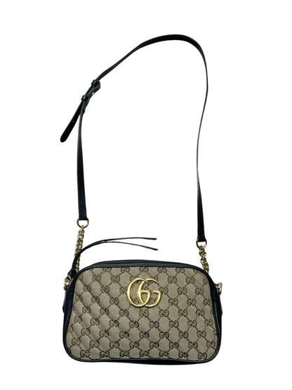 GUCCI GG Canvas Chain Shoulder Bag Beige Black Gold Hardware GU593