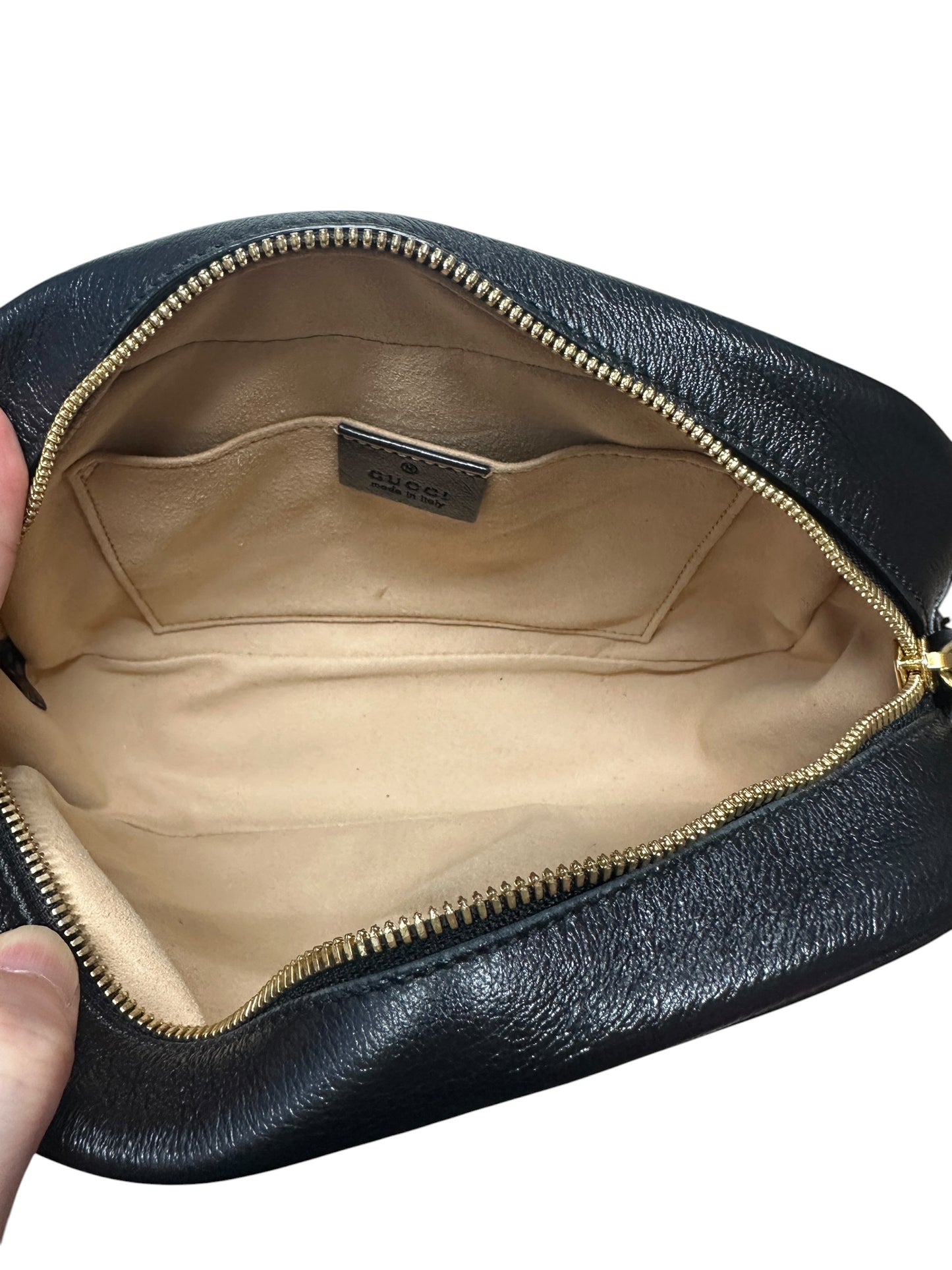 GUCCI GG Canvas Chain Shoulder Bag Beige Black Gold Hardware GU593