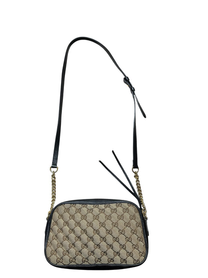 GUCCI GG Canvas Chain Shoulder Bag Beige Black Gold Hardware GU593