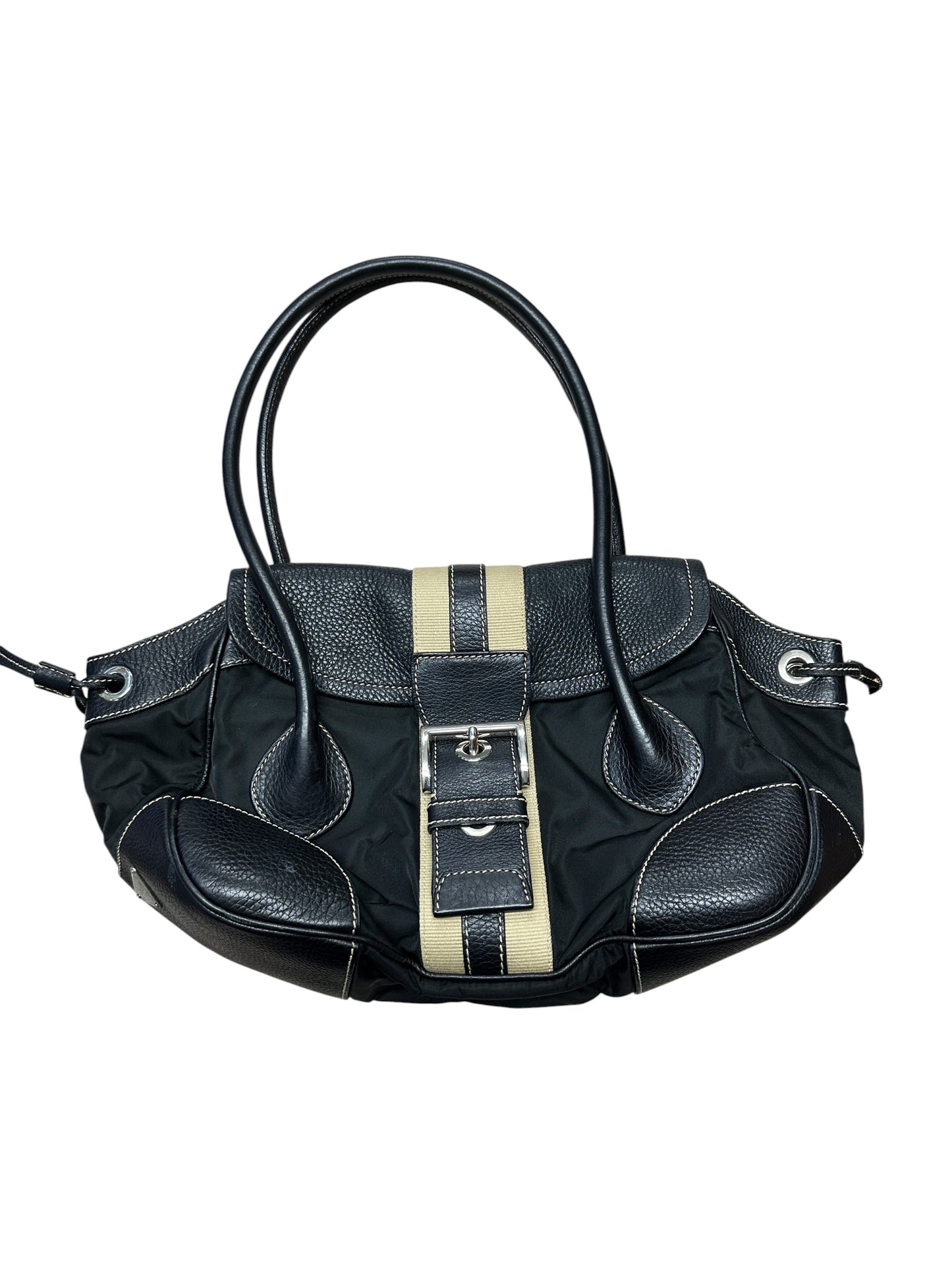 PRADA Tessuto Nylon Leather Buckle Handbag Black Silver Hardware PR195
