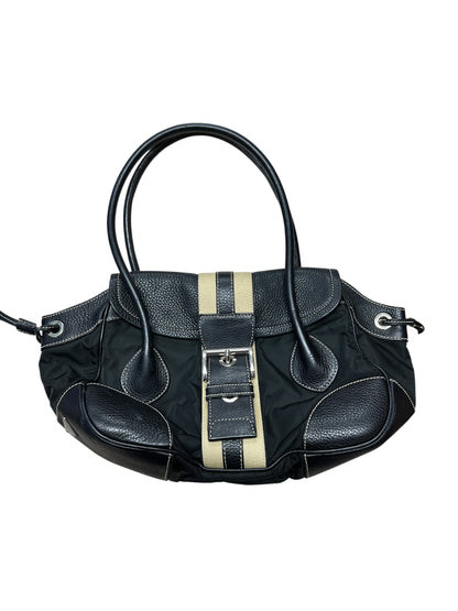 PRADA Tessuto Nylon Leather Buckle Handbag Black Silver Hardware PR195