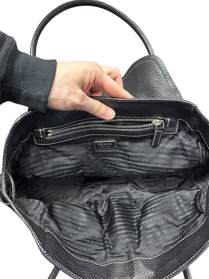 PRADA Tessuto Nylon Leather Buckle Handbag Black Silver Hardware PR195
