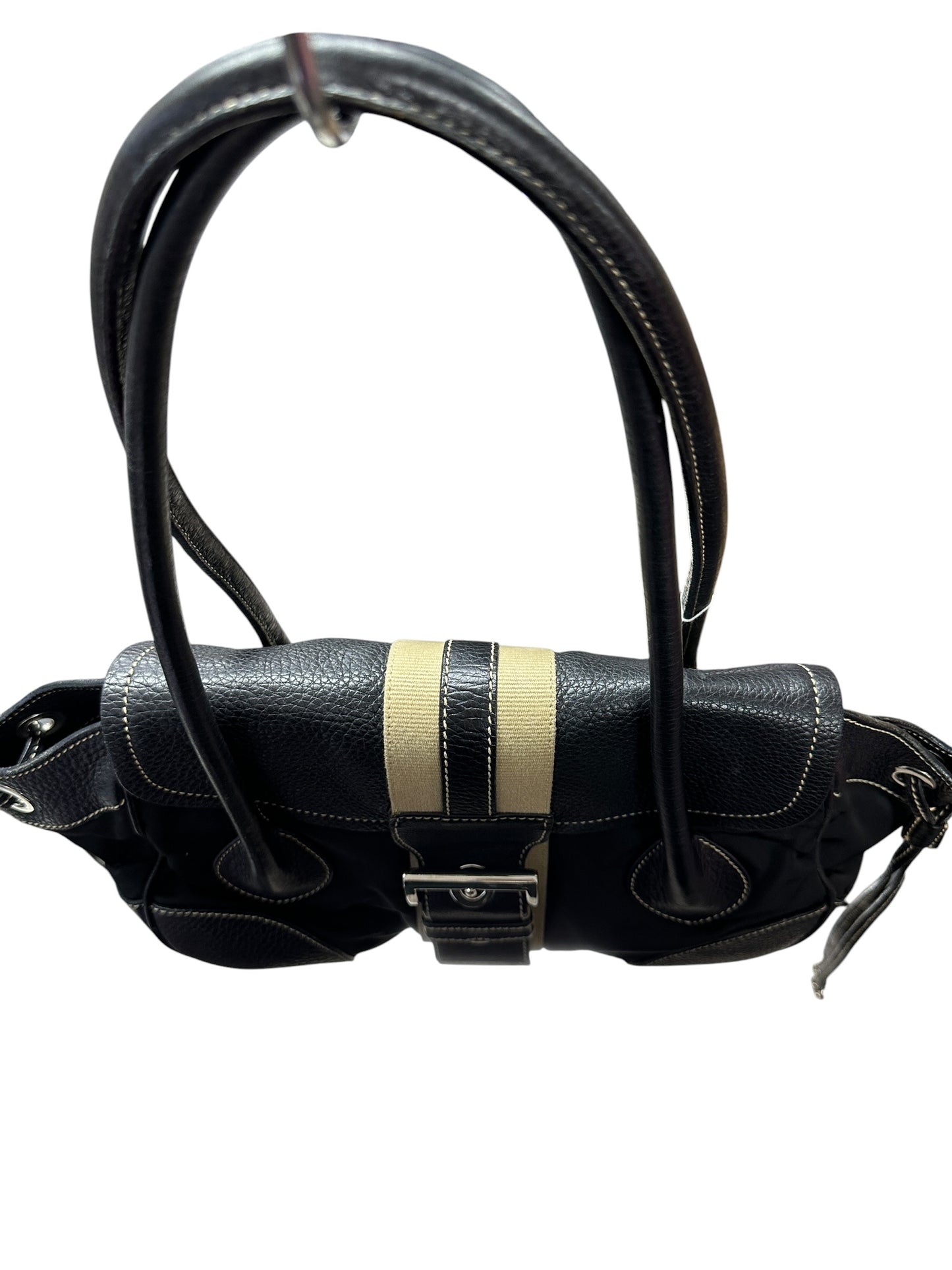 PRADA Tessuto Nylon Leather Buckle Handbag Black Silver Hardware PR195