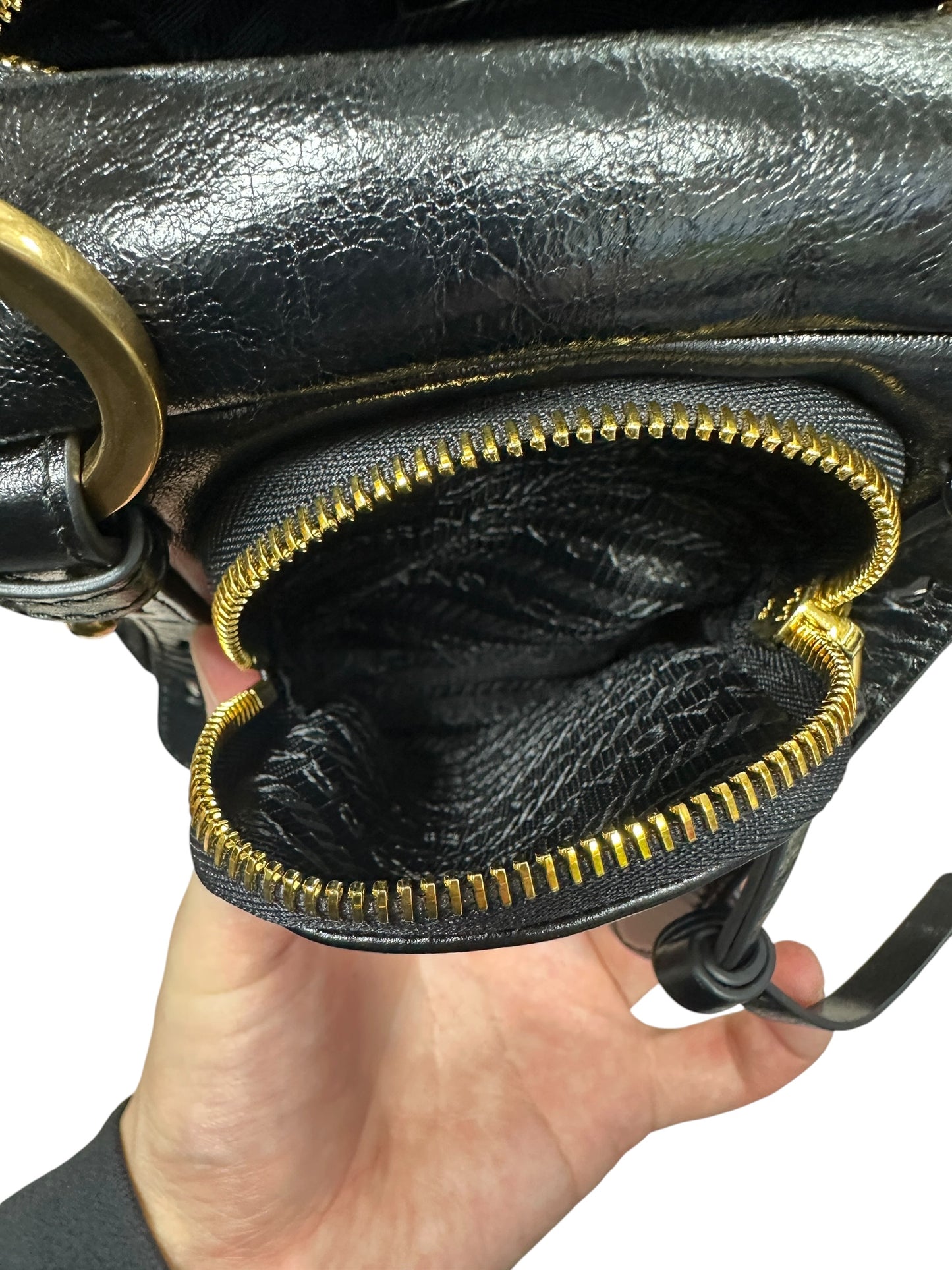 PRADA Glace Calfskin Multi Pocket Shoulder Bag Black Gold Hardware PR196
