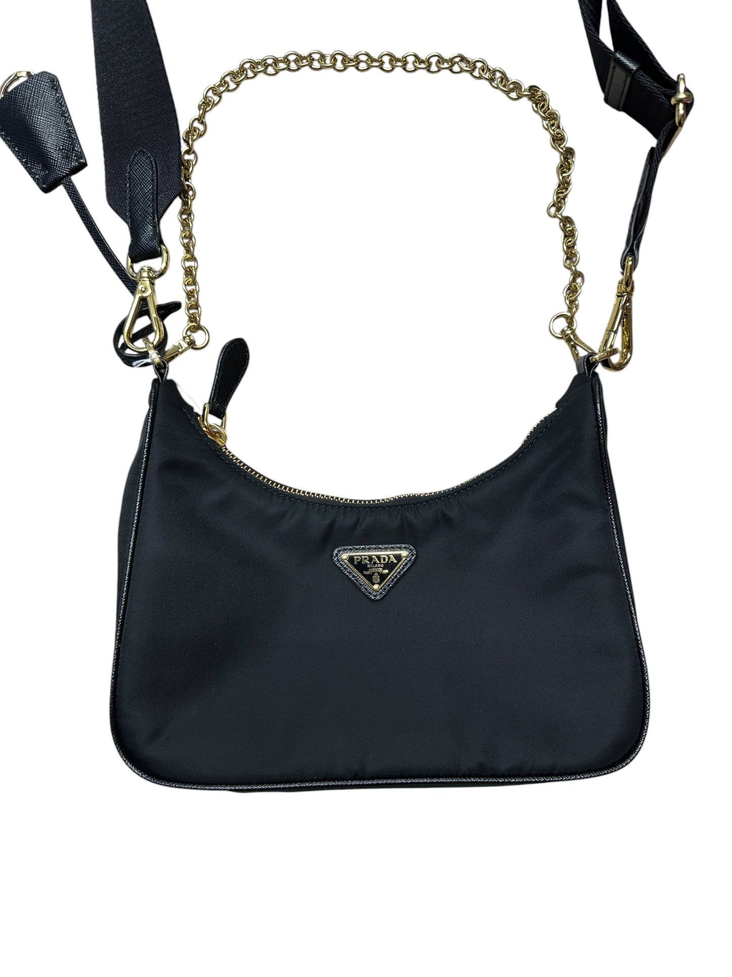 PRADA Re-Edition 2005 Nylon Chain Shoulder Bag Black Gold Hardware PR197