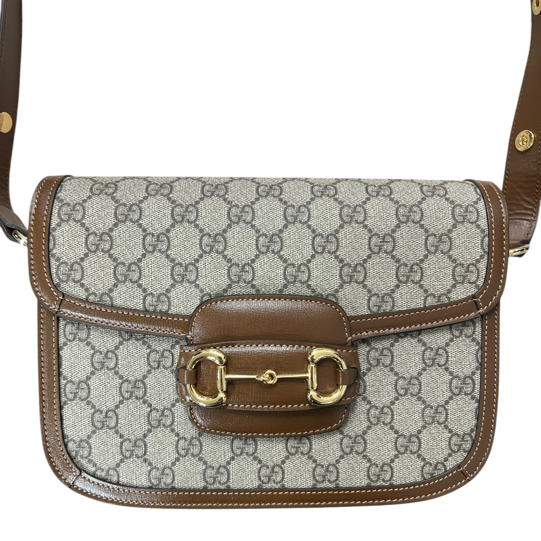 GUCCI GG Supreme Horsebit 1955 Shoulder Bag Beige Brown Gold Hardware GU596
