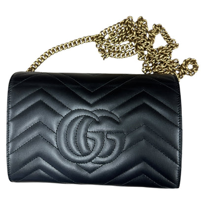 GUCCI Matelasse Leather GG Marmont Mini Wallet on Chain Crossbody Bag Black Gold Hardware GU603