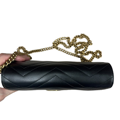 GUCCI Matelasse Leather GG Marmont Mini Wallet on Chain Crossbody Bag Black Gold Hardware GU603