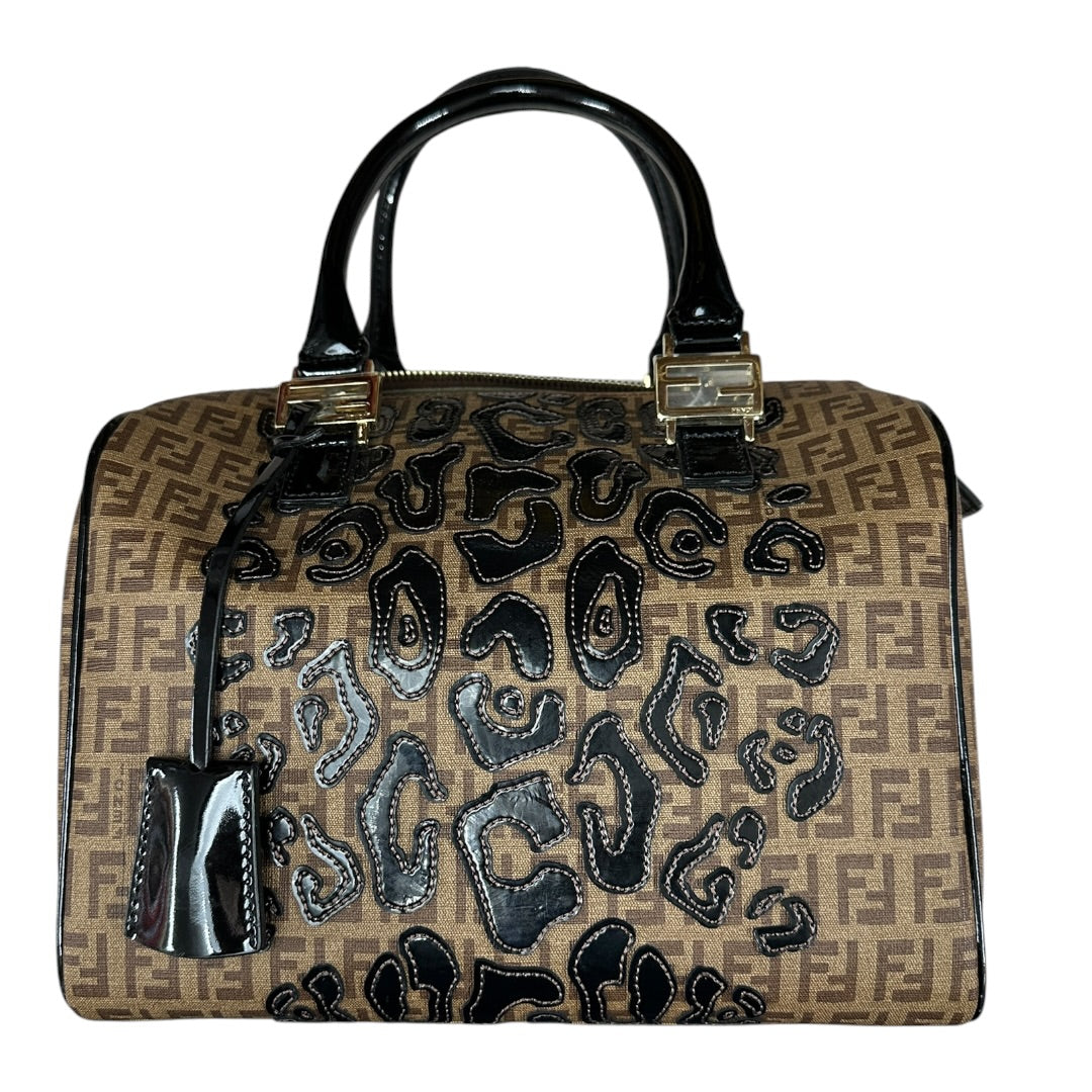 FENDI Zucchino Canvas Boston Handbag Brown Patent Trim Gold Hardware FE376