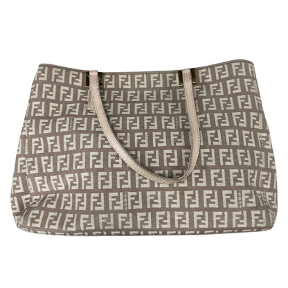 FENDI Zucchino Canvas Tote Shoulder Bag Beige Silver Hardware FE377