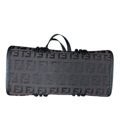 FENDI Zucchino Canvas Tote Handbag Brown Black Gold Hardware FE380