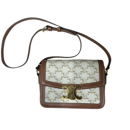 CELINE Triomphe Canvas Teen Triomphe Shoulder Bag White Tan Gold Hardware CE258