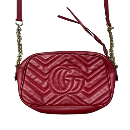 GUCCI Matelasse Leather GG Marmont Small Camera Crossbody Bag Red Gold Hardware GU560