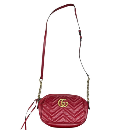 GUCCI Matelasse Leather GG Marmont Small Camera Crossbody Bag Red Gold Hardware GU560