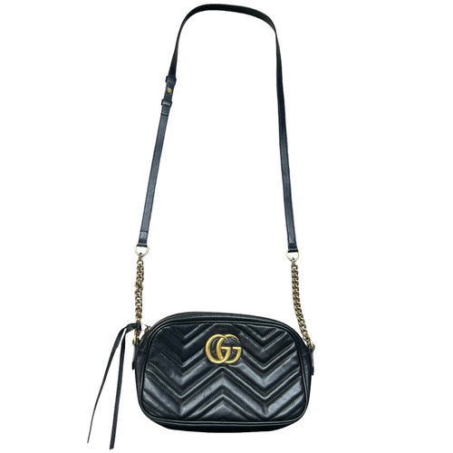 GUCCI Matelassé Leather GG Marmont Small Camera Crossbody Bag Black Gold Hardware GU507
