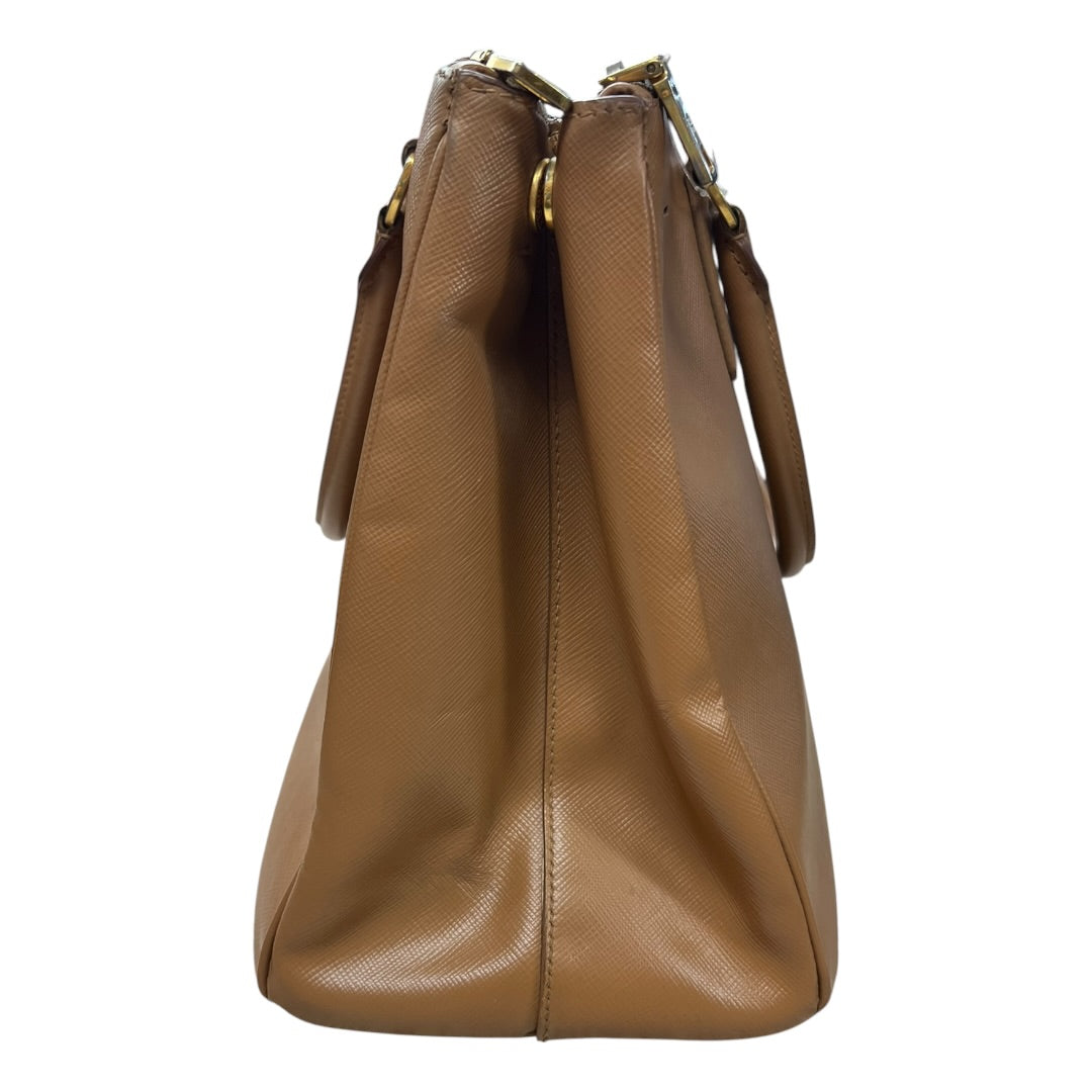 PRADA Saffiano Lux Galleria Large Double Zip Tote Bag Caramel Gold Hardware PR131