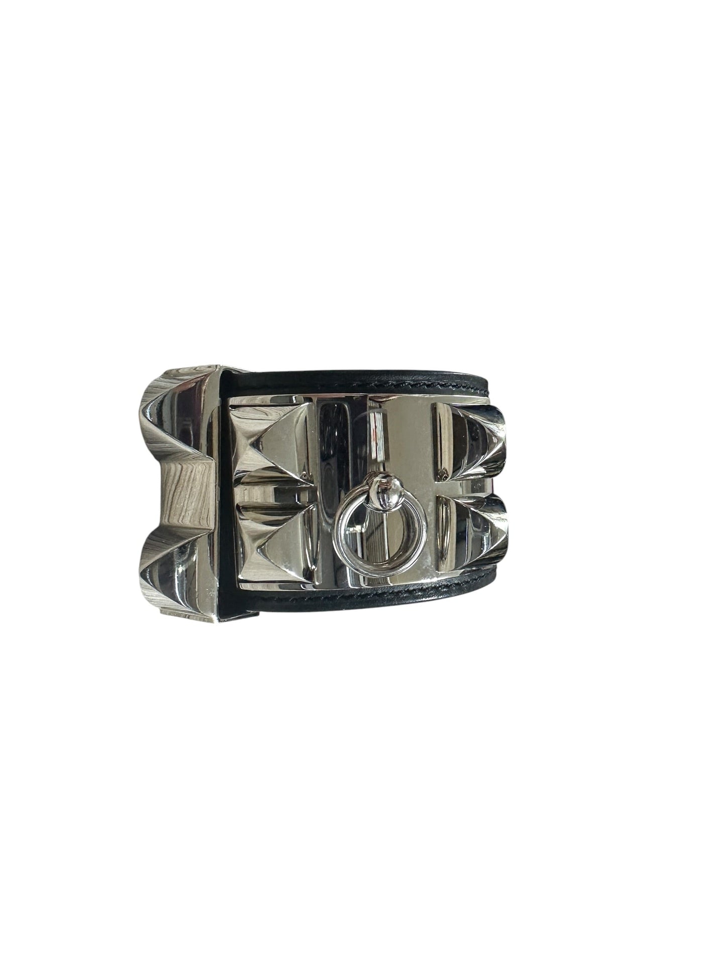 HERMES Leather Collier de Chien CDC Bangle 17cm Black Silver Hardware HE455