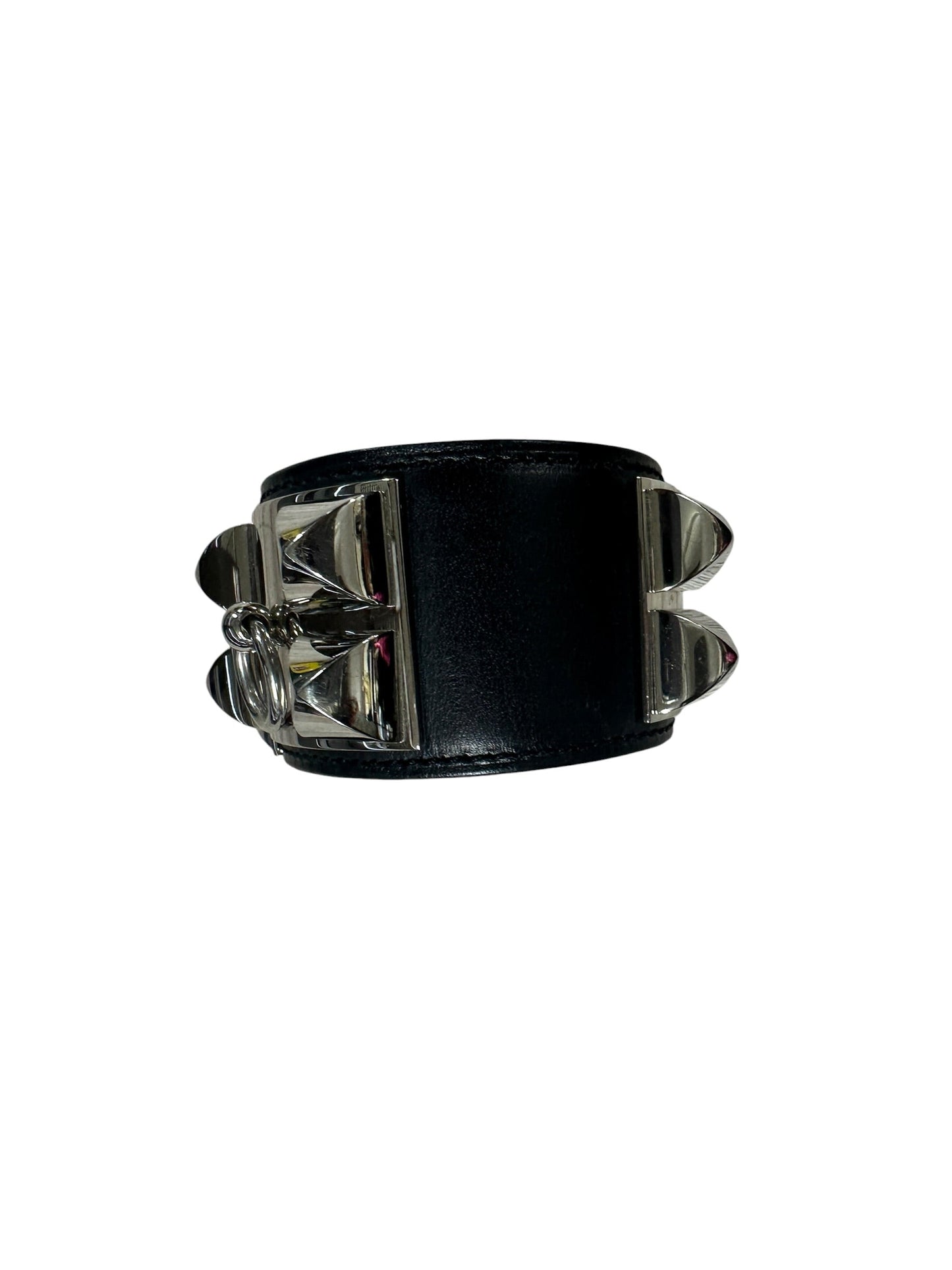 HERMES Leather Collier de Chien CDC Bangle 17cm Black Silver Hardware HE455