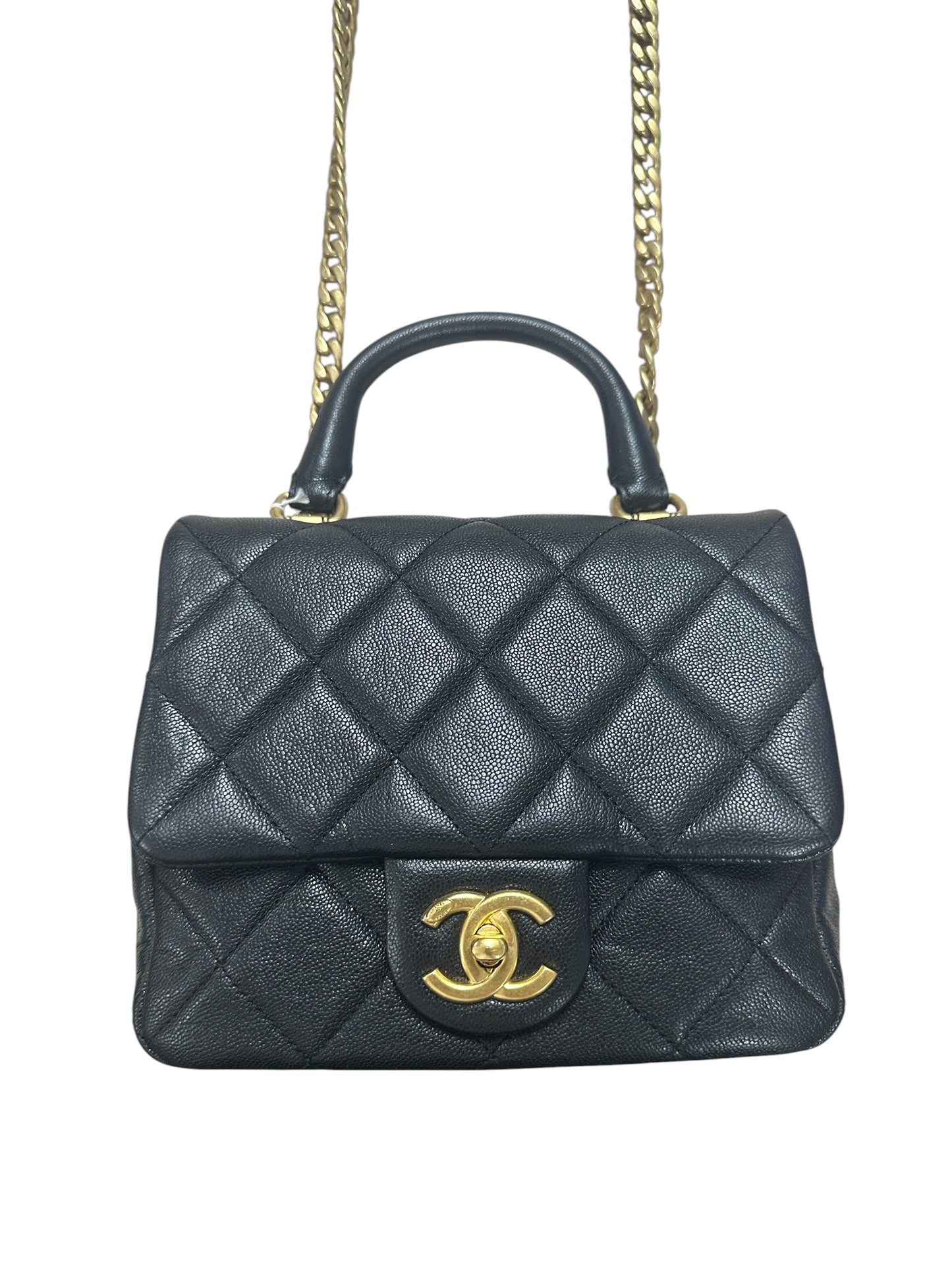 CHANEL Caviar Matelasse 20 Top Handle Bag Black Gold Hardware CH2150