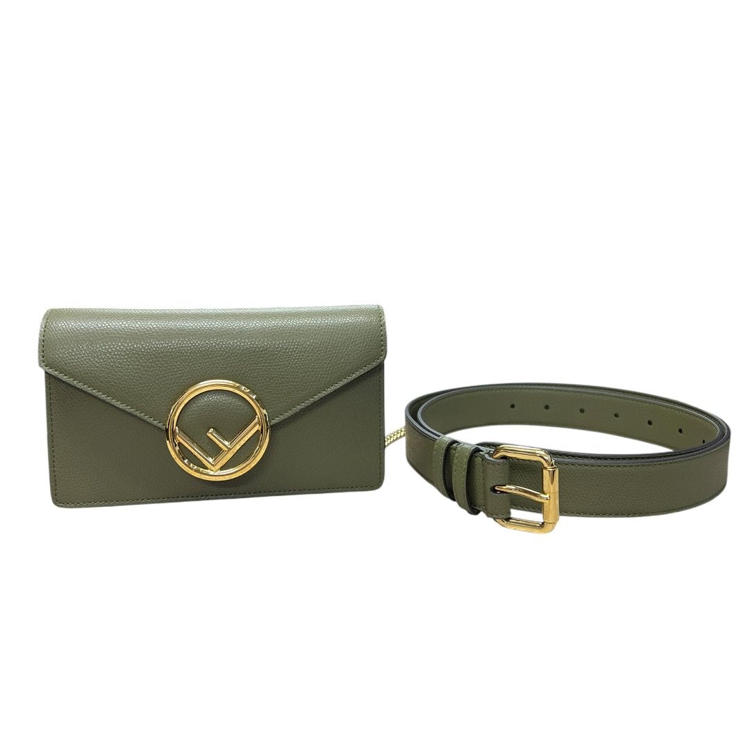 FENDI Grained Leather Continental Wallet On Chain Wallet on Chain / Belt Bag Green Gold Hardware FE381