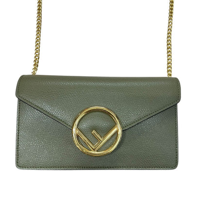 FENDI Grained Leather Continental Wallet On Chain Wallet on Chain / Belt Bag Green Gold Hardware FE381