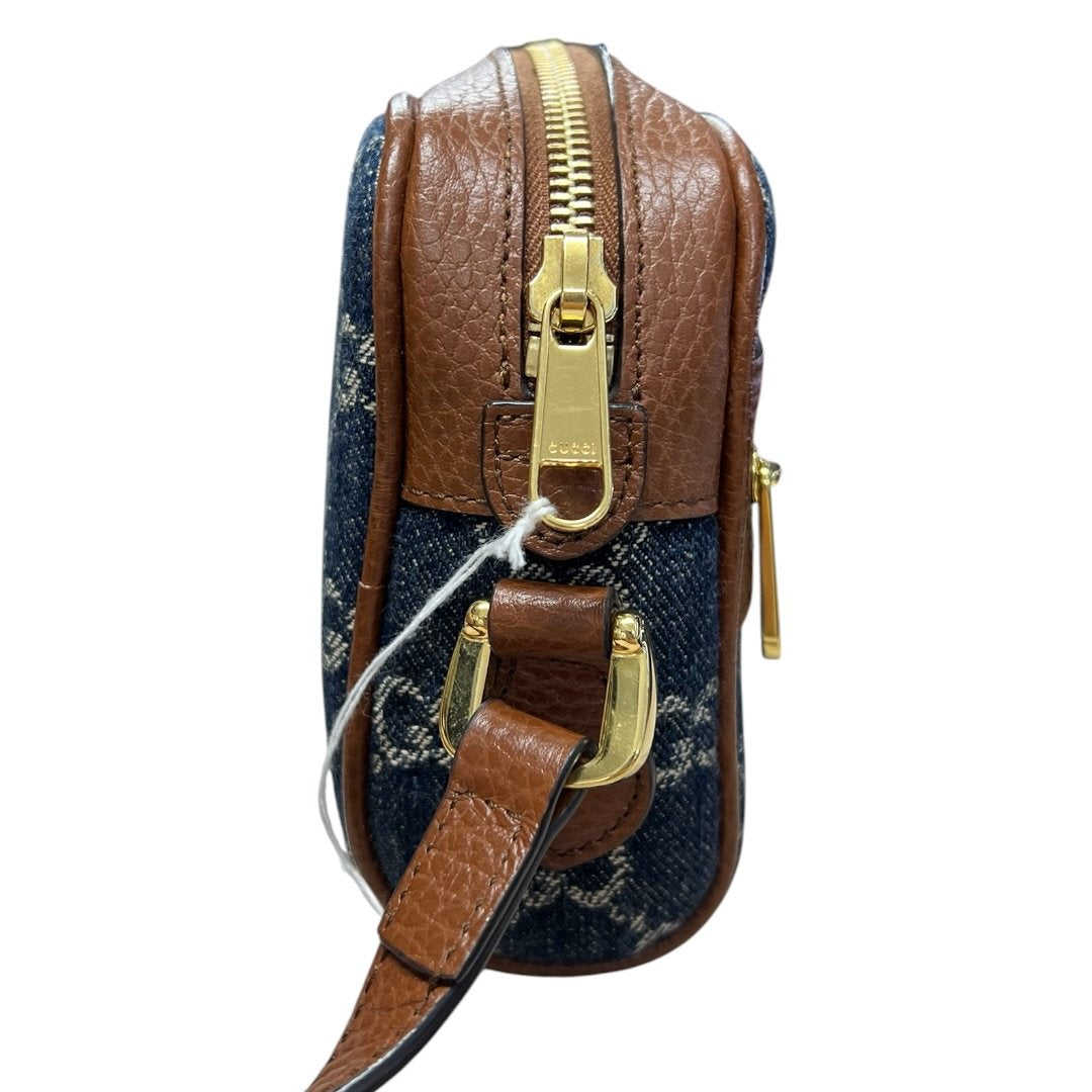 GUCCI Denim, Grained Leather Ophidia GG Small Shoulder Bag Blue, Brown Gold Hardware Gu620