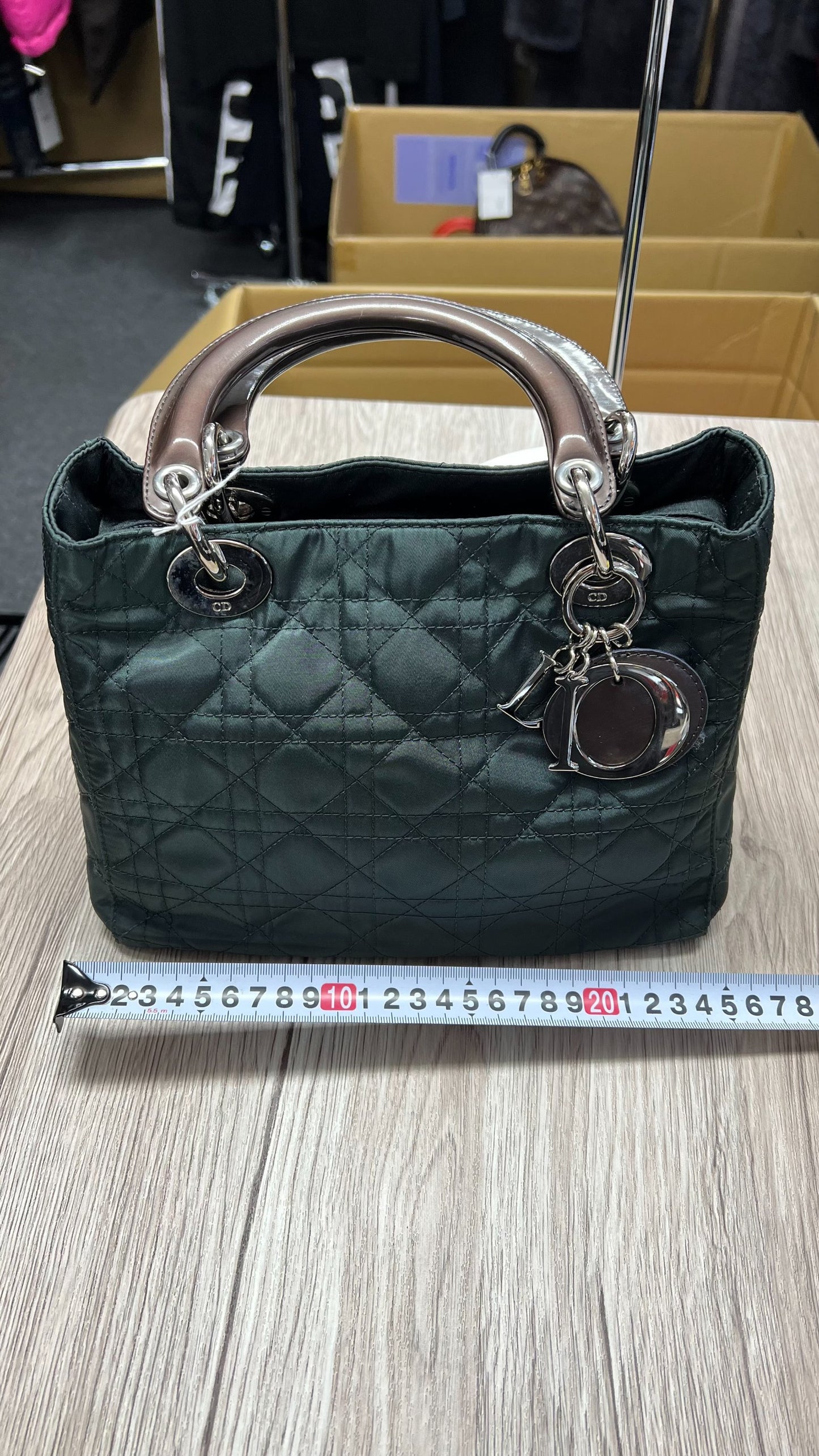 CHRISTIAN DIOR Nylon Lady Dior Handbag Dark Green with Metallic Brown handles Silver Hardware Ch2159