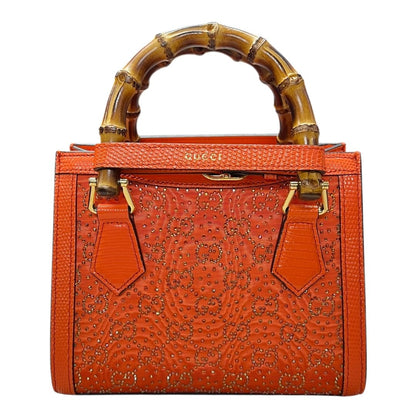 GUCCI Lizard-effect Leather Diana Mini Tote Bag Handbag Orange Gold Hardware GU629