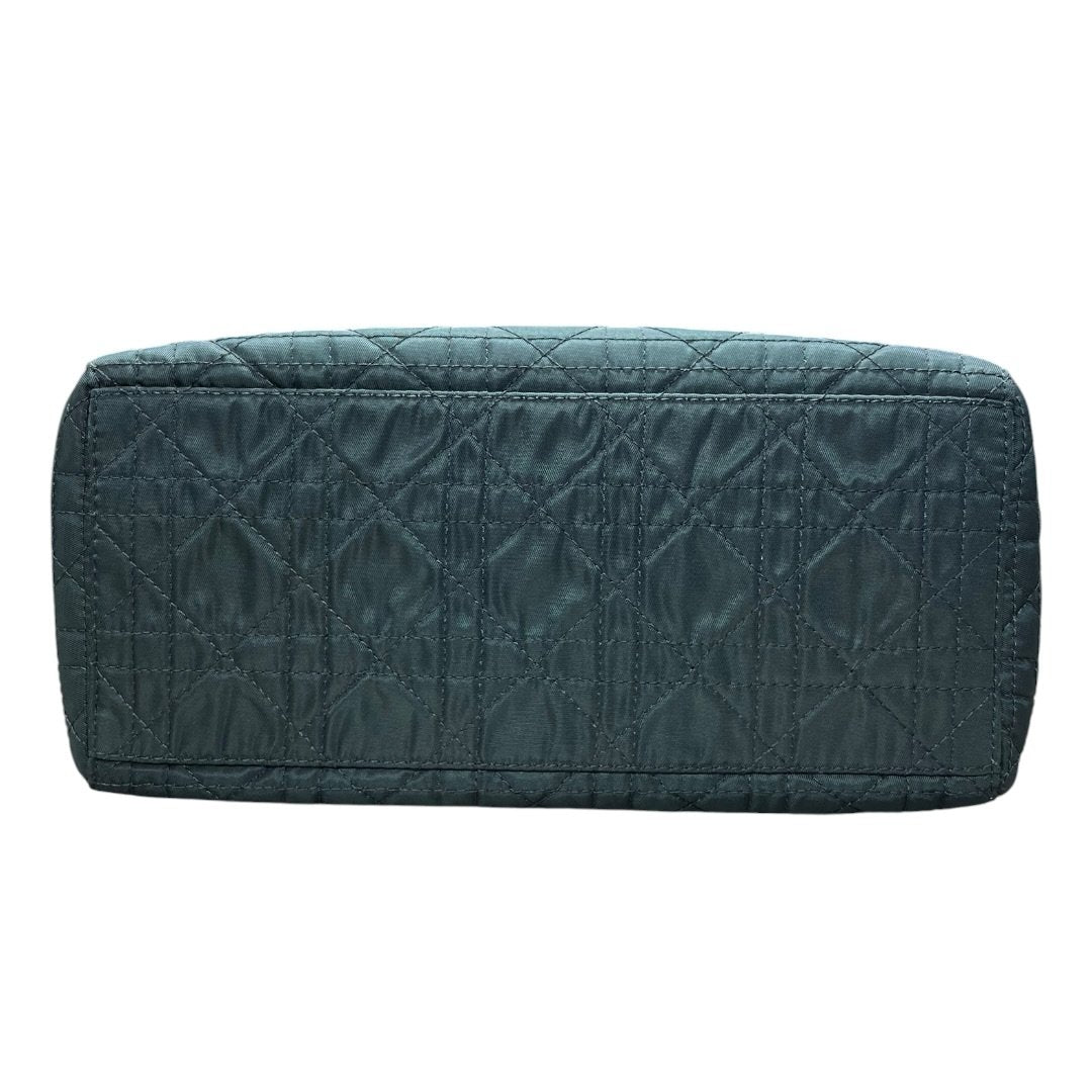 CHRISTIAN DIOR Nylon Lady Dior Handbag Dark Green with Metallic Brown handles Silver Hardware Ch2159