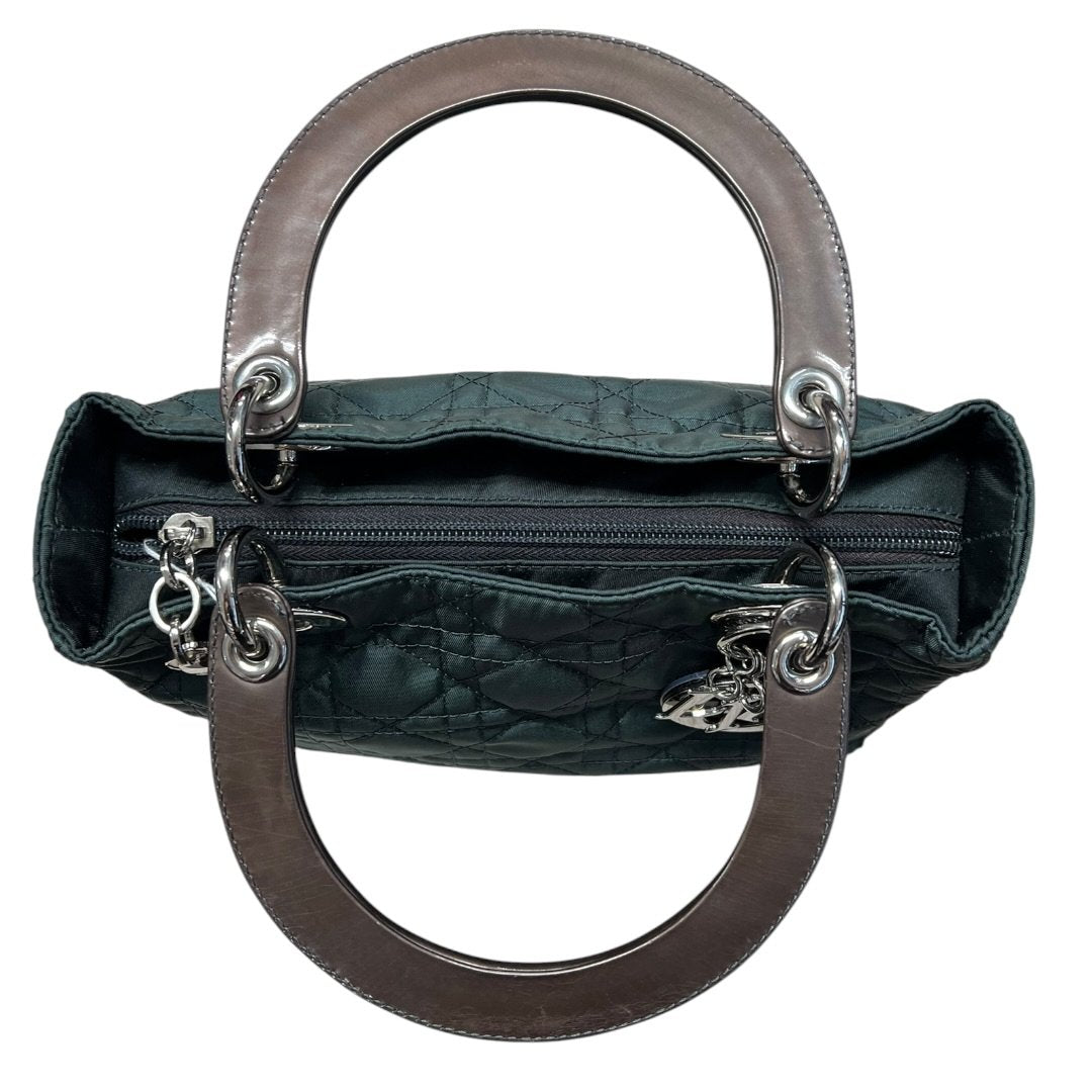 CHRISTIAN DIOR Nylon Lady Dior Handbag Dark Green with Metallic Brown handles Silver Hardware Ch2159